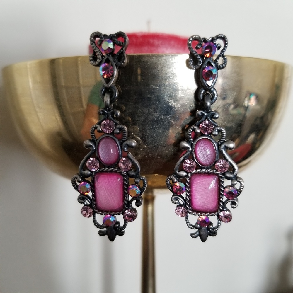 Pink Jeweled Dangle Earrings - Picture 1 of 3